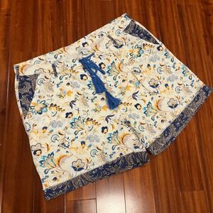 Sundance Linen Cotton Shorts Boho Paisley Print Rope Tie Pockets Blue Yellow 10
